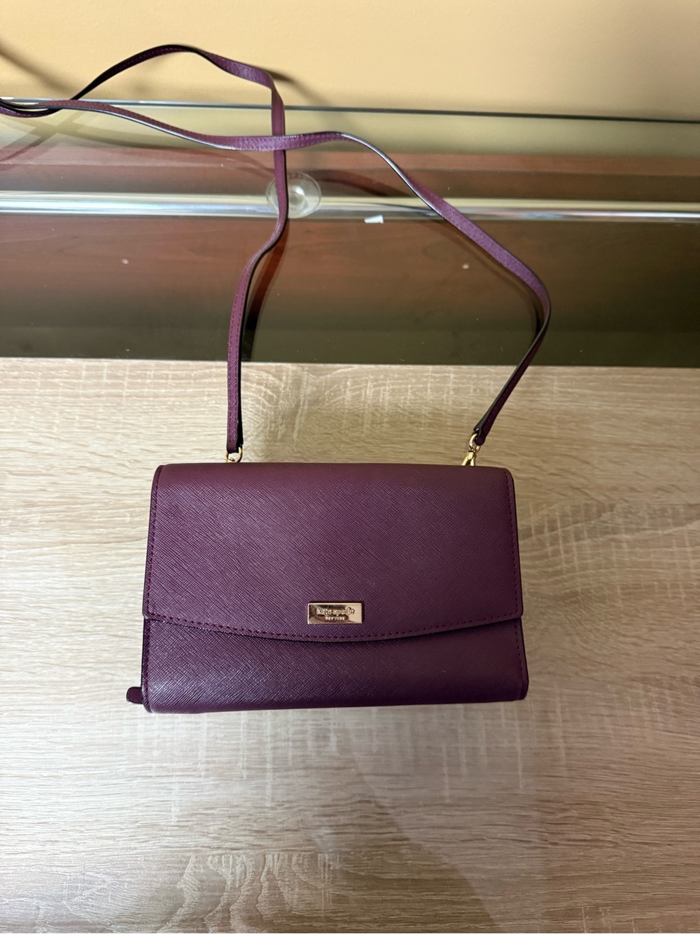 kate spade Plum Saffiano Leather Crossbody Wallet with Gold Hardware